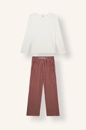 Regular Fit V Yaka Uzun Kollu Çizgili Pijama Takımı