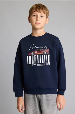 Regular Fıt Bisiklet Yaka Araç Baskılı Kalın Kumaş Sweatshirt Erkek Çocuk