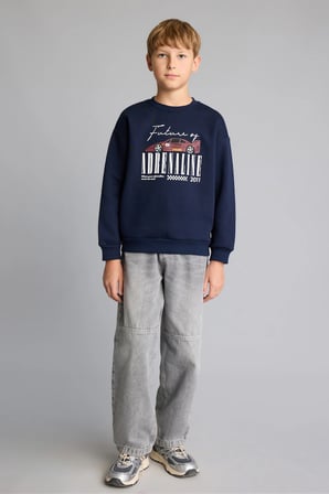 Regular Fıt Bisiklet Yaka Araç Baskılı Kalın Kumaş Sweatshirt Erkek Çocuk