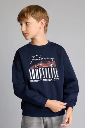 Regular Fıt Bisiklet Yaka Araç Baskılı Kalın Kumaş Sweatshirt Erkek Çocuk