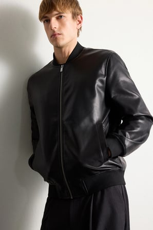 DeFacto Su Geçirmez Slim Fit Kolej Yaka Ribanalı Fermuarlı Suni Deri Bomber Mont Y5367AZ26AUBK27