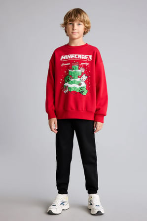 Yılbaşı Temalı Minecraft Regular Fıt Bisiklet Yaka İçi Yumuşak Tüylü Kalın Sweatshirt Kumaşı Sweatshirt Erkek Çocuk