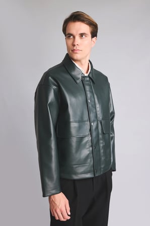 Regular Fit Polo Yaka Çıtçıtlı Cepli Suni Deri Mont