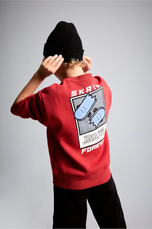 DeFacto Oversize Bisiklet Yaka Sırt Baskılı İçi Yumuşak Tüylü Sweatshirt Erkek Çocuk I0114A826WNRD79
