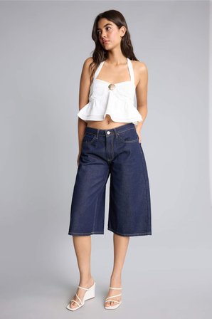 DeFacto %100 Pamuk Yüksek Bel Geniş Paça indigo Bermuda Jean Şort I2340AX26HSNM82