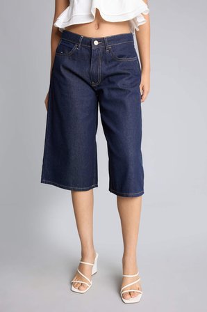 DeFacto %100 Pamuk Yüksek Bel Geniş Paça indigo Bermuda Jean Şort I2340AX26HSNM82