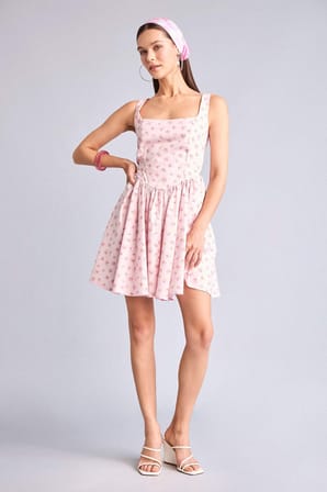 Kare Yaka Floral Poplin Askılı Mını Elbise