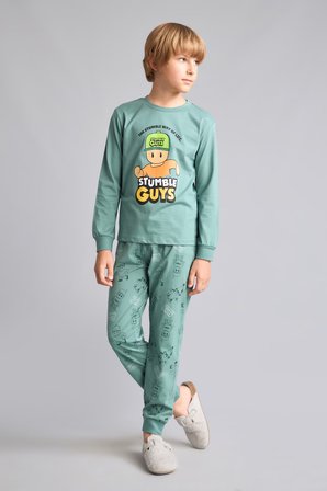 DeFacto Stumble Guys Baskılı Bisiklet Yaka Uzun Kollu Üst Elastik Bel Alt 2'li Pijama Takımı Erkek Çocuk H6693A826AUGN757
