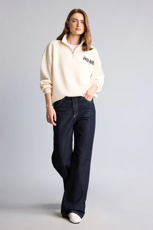Oversıze Yarım Fermuarlı Sırt Baskılı Kalın Kumaş Sweatshirt