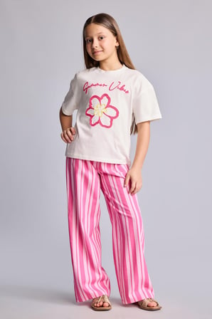 Bisiklet Yaka Floral Kısa Kollu Tişört Kız Çocuk