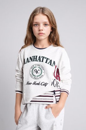 DeFacto Pamuklu Relax Fıt Kısa Kollu Bisiklet Yaka Baskılı Kalın Sweatshirt Kız Çocuk H9737A826AUGR421