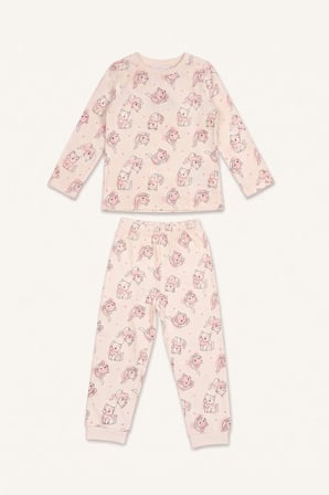 DeFacto %100 Pamuk Kedi Baskılı Bisiklet Yaka Uzun Kollu Pijama Üstü Esnek Belli Uzun Pijama Altı 2'li Pijama Takımı Kız Bebek I3230A526AUER233