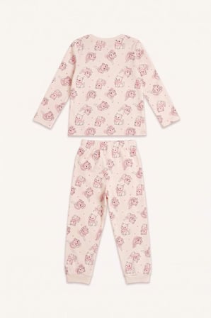 DeFacto %100 Pamuk Kedi Baskılı Bisiklet Yaka Uzun Kollu Pijama Üstü Esnek Belli Uzun Pijama Altı 2'li Pijama Takımı Kız Bebek I3230A526AUER233