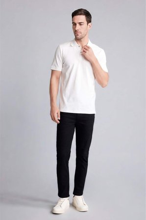 DeFacto Slim Fit Dar Kesim Polo Yaka Kısa Kollu Basic Düz Beyaz Tişört T5259AZ26SMWT32