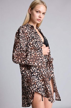 DeFacto Regular Fıt Leopar Desenli Müslin Kahverengi Plaj Gömleği H3055AX26SPBN328