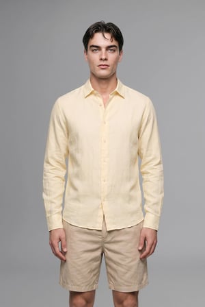 %100 Keten Regular Fit Polo Yaka Basic Uzun Kollu Gömlek