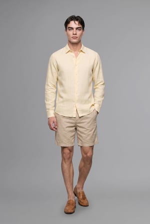 %100 Keten Regular Fit Polo Yaka Basic Uzun Kollu Gömlek