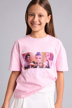 DeFacto Kpop - Demon Hunters Lisanslı Oversıze Bisiklet Yaka Kısa Kollu Açık Pembe Tişört Kız Çocuk H9629A826AUPN693