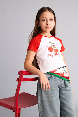 DeFacto My Melody Fıtted Bisiklet Yaka Ribana Kısa Kollu Tişört Kız Çocuk H3479A826HSWT34
