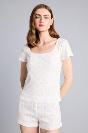 DeFacto Regular Fıt Bisiklet Yaka Kısa Kollu 2'li Ecru Şortlu Pijama Takım H6325AX26SMER98