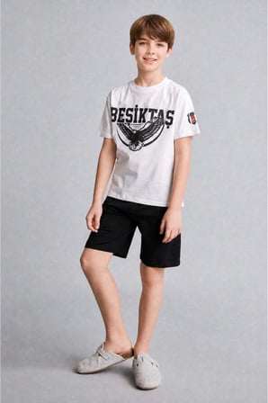 DeFacto %100 Pamuk Beşiktaş Kısa Kollu Pijama Üst Şort Pijama Alt 2'li Pijama Takımı Erkek Çocuk H7618A826HSWT34