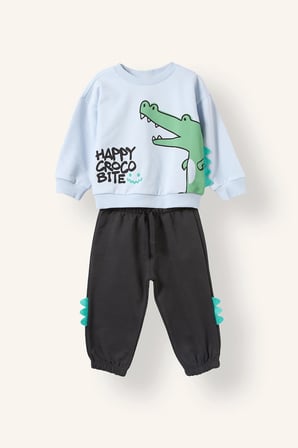 Hayvan Desenli İnce Sweatshirt Kumaşı 2'li Takım Erkek Bebek