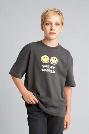 Smiley World Oversıze Bisiklet Yaka Kısa Kollu Antrasit Tişört Erkek Çocuk