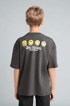 Smiley World Oversıze Bisiklet Yaka Kısa Kollu Antrasit Tişört Erkek Çocuk