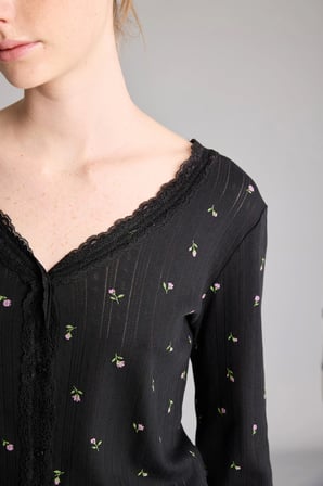 Çiçekli Dantel Detaylı Regular Fit Uzun Kollu Pijama Takım