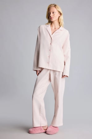 %100 Pamuk Regular Fit Flanel Çizgili Uzun Kollu Üst Uzun Alt Pijama Takımı