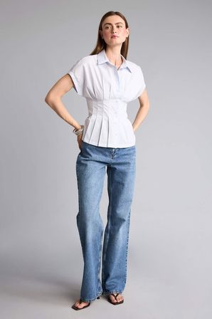 DeFacto %100 Pamuk Fıtted Ceket Yaka Poplin Kısa Kollu Açık Mavi Gömlek F9335AX26AUBE472