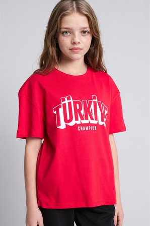 DeFacto %100 Pamuk Regular Fit Bisiklet Yaka Türkiye Champion Baskılı Kısa Kollu Tişört Kız Çocuk I6638A826SMRD282