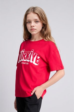 DeFacto %100 Pamuk Regular Fit Bisiklet Yaka Türkiye Champion Baskılı Kısa Kollu Tişört Kız Çocuk I6638A826SMRD282