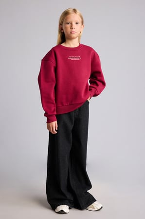 Relax Fit Bisiklet Yaka Düşük Omuzlu Baskılı Sweatshirt Kız Çocuk