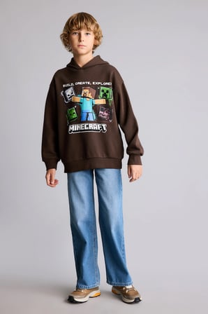 Minecraft Lisanslı Baskılı Kapüşonlu İçi Yumuşak Tüylü Kalın Sweatshirt Kumaşı Sweatshirt Erkek Çocuk