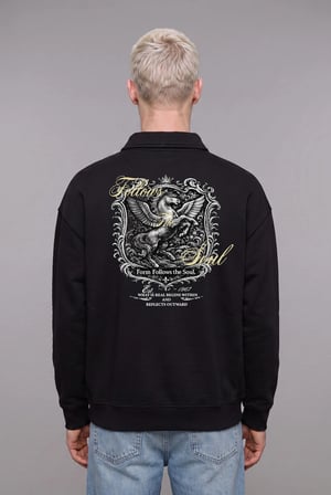 Defacto H3175AXBK81 Siyah Boxy Fit Basic Polo Yaka Uzun Kollu İşlemeli Sweatshirt