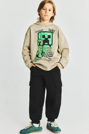 Minecraft Bisiklet Yaka İçi Yumuşak Tüylü Baskılı Sweatshirt Erkek Çocuk