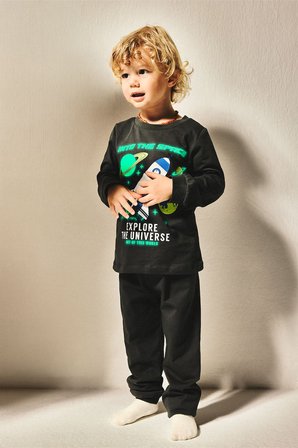 DeFacto %100 Pamuk Karanlıkta Parlayan Baskılı Uzun Kollu Üst Geniş Kesim Alt 2'li Pijama Takımı Erkek Bebek I1768A526AUAR221