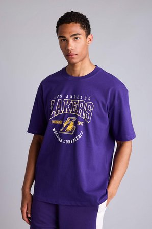 DeFacto NBA Los Angeles Lakers Lisanslı Overshırt Fıt Kısa Kollu Mor Tişört H3395AX26SMPR299