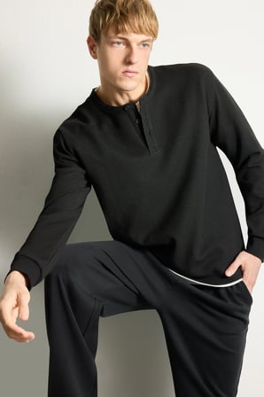 DeFacto Regular Fit Waffle Dokulu Henley Yaka Uzun Kollu Basic Tişört I2067AX26AUBK81