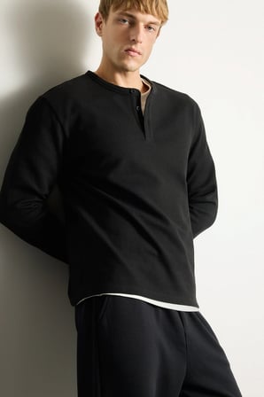 DeFacto Regular Fit Waffle Dokulu Henley Yaka Uzun Kollu Basic Tişört I2067AX26AUBK81
