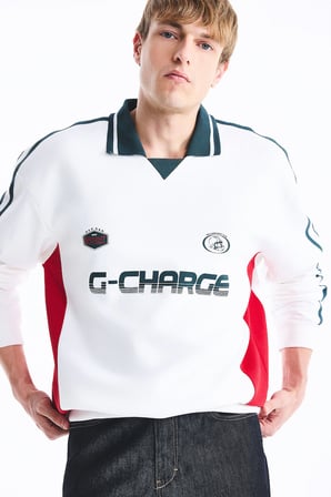 Boxy Fit Polo Yaka Uzun Kollu Baskılı Sweatshirt