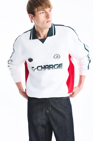 Boxy Fit Polo Yaka Uzun Kollu Baskılı Sweatshirt