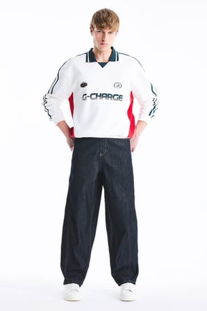 Boxy Fit Polo Yaka Uzun Kollu Baskılı Sweatshirt