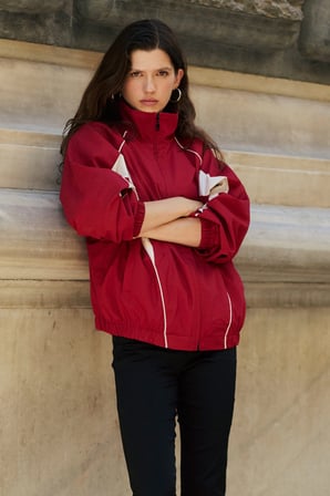 Oversize Dik Yaka Blok Detaylı Poplin Ceket