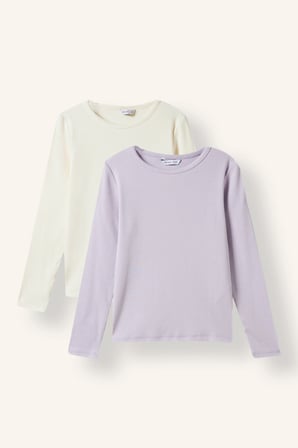 Bisiklet Yaka Slim Fit Ribana 2'li Uzun Kollu Basic Tişört Kız Çocuk