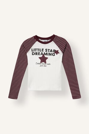 Bisiklet Yaka Baskılı Çizgili Reglan Uzun Kollu Tişört Kız Çocuk