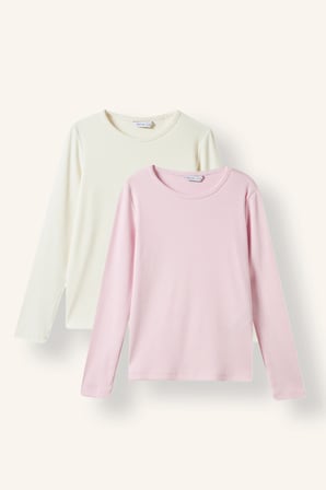 Slim Fit Bisiklet Yaka Fitilli Kaşkorse 2'li Uzun Kollu Basic Tişört Kız Çocuk