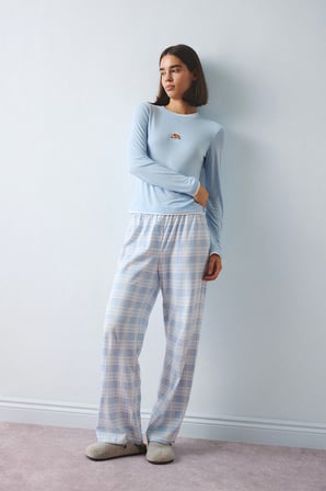 Slım Fıt Uzun Kollu Baskılı Üst Kareli Alt Ribana Pijama Takımı