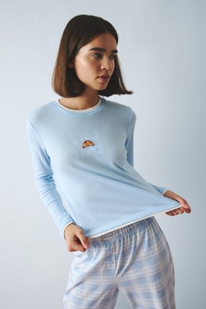 Slım Fıt Uzun Kollu Baskılı Üst Kareli Alt Ribana Pijama Takımı